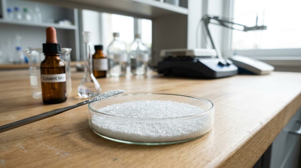 Serbuk kristal putih asam azelaic dalam cawan petri laboratorium