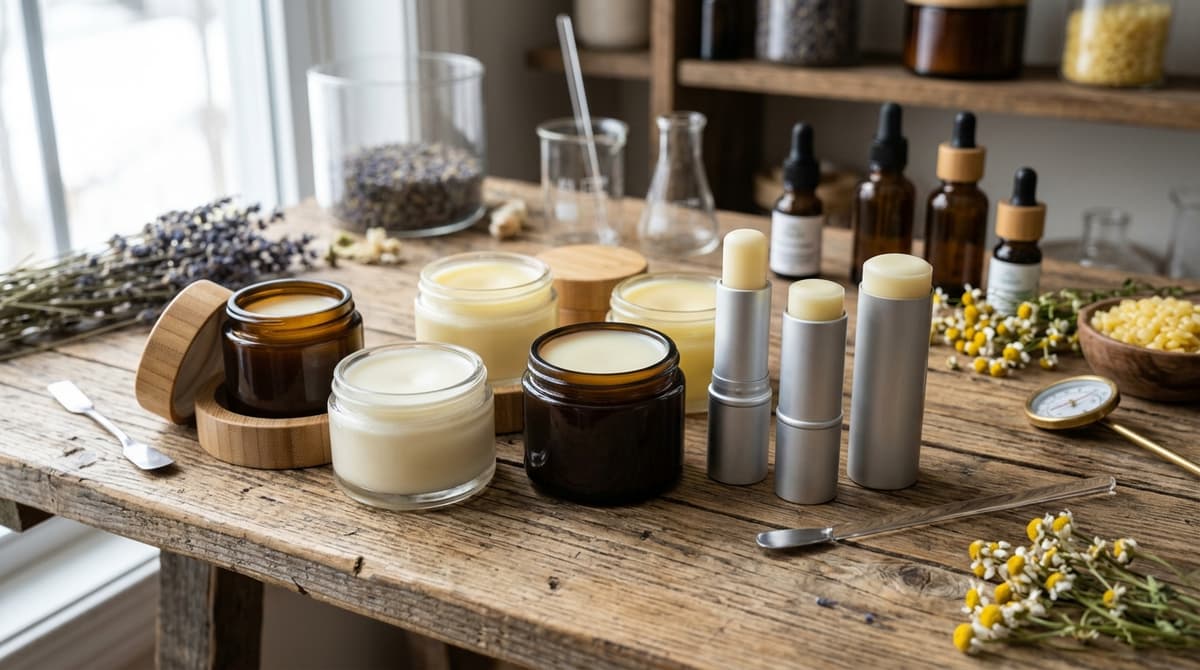 Balm dan stik kosmetik jadi dengan tekstur yang halus