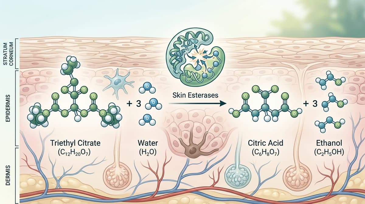Diagram hidrolisis triethyl citrate oleh esterase kulit untuk membentuk asam sitrat dan etanol