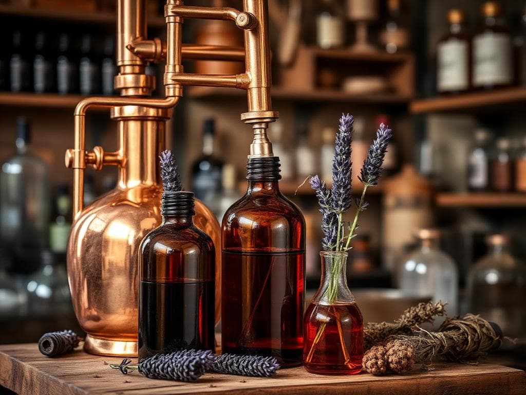 Alat distilasi minyak esensial dengan lavender