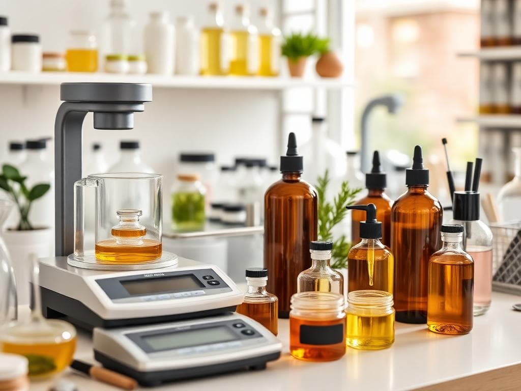 Ruang kerja formulator dengan timbangan dan minyak