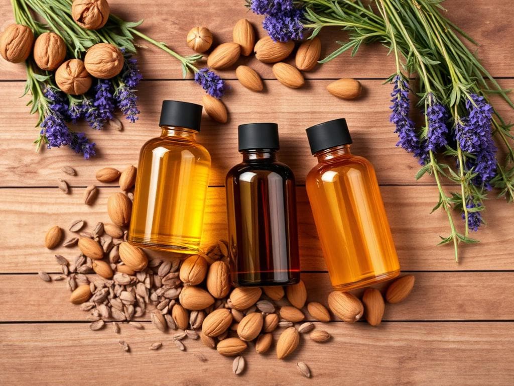 Minyak nabati dalam botol amber, kacang-kacangan, biji-bijian, dan bunga