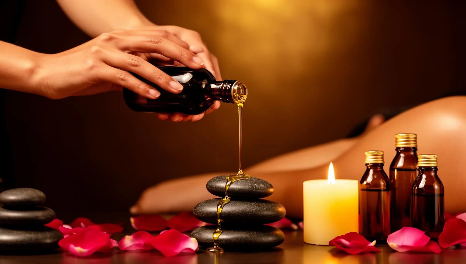 Suasana spa: minyak, batu panas, lilin — kursus Alkimia Pijat