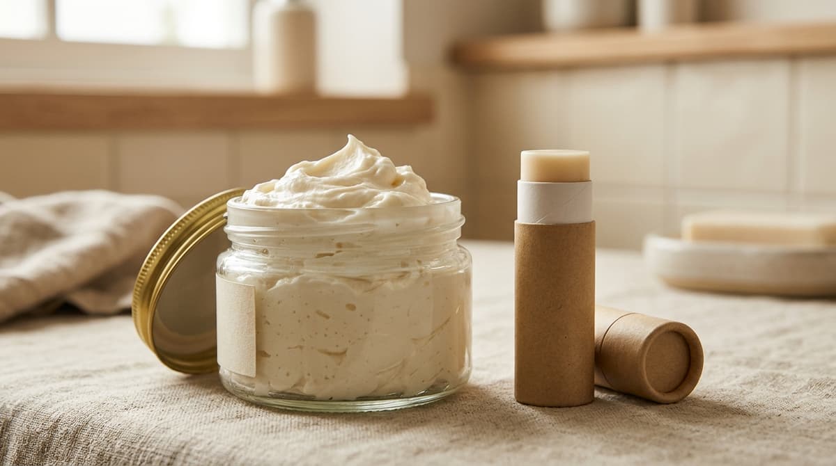 Whipped body butter dalam toples terbuka yang mempertahankan puncaknya, dengan lip balm di sampingnya