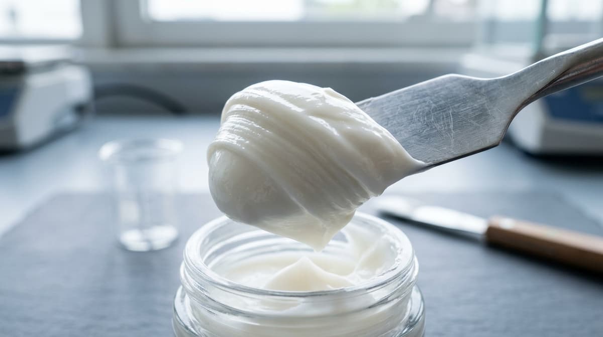 Foto makro emulsi kosmetik putih kental di atas spatula baja, memperlihatkan struktur berlapis samar