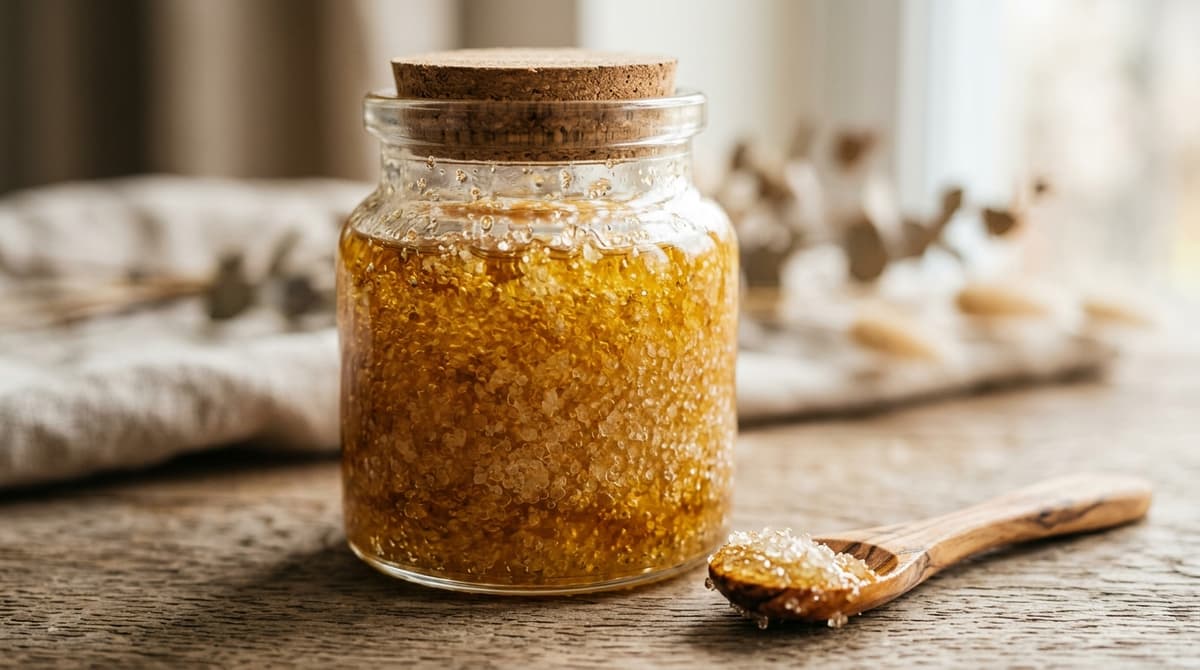 Scrub gula dan minyak dalam toples kaca dengan kristal gula tersebar merata di dalam minyak