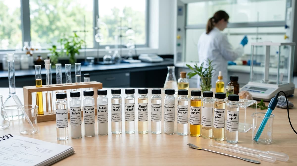 Berbagai bahan pengawet kosmetik dalam botol laboratorium
