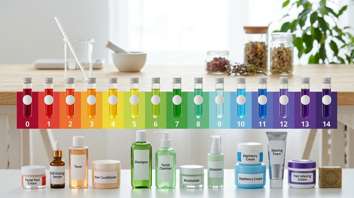 Skala pH dengan indikator warna dan contoh produk kosmetik