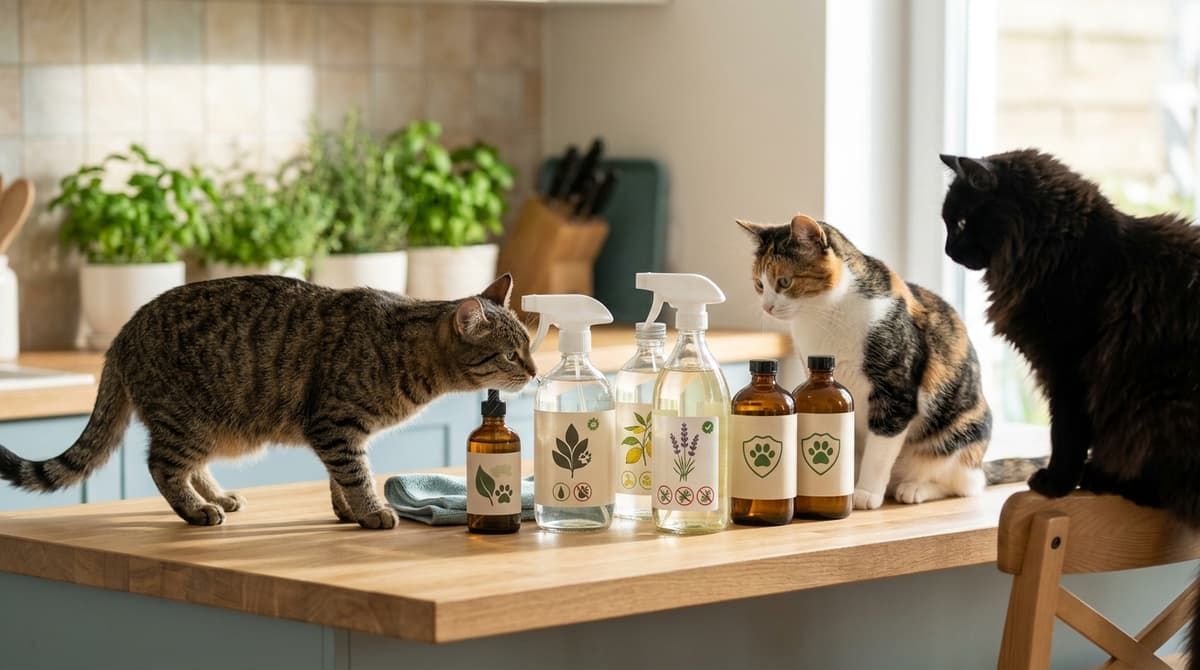 Kucing di dekat produk pembersih — keamanan bagi hewan peliharaan