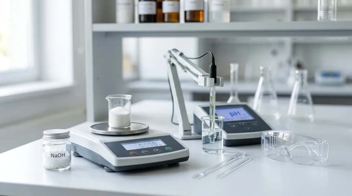 Bahan dan peralatan: GDL, NaOH, timbangan, pH meter, kacamata pelindung