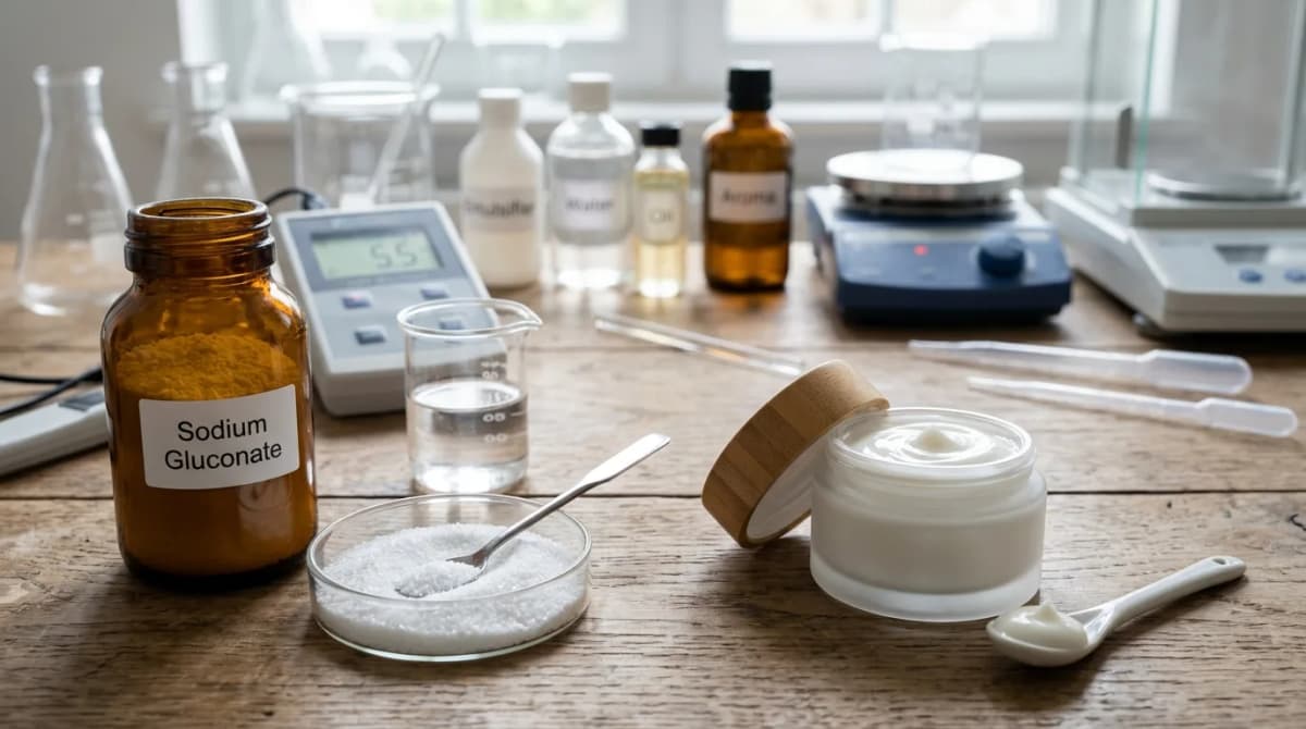 Bubuk sodium gluconate di samping krim kosmetik yang sudah jadi