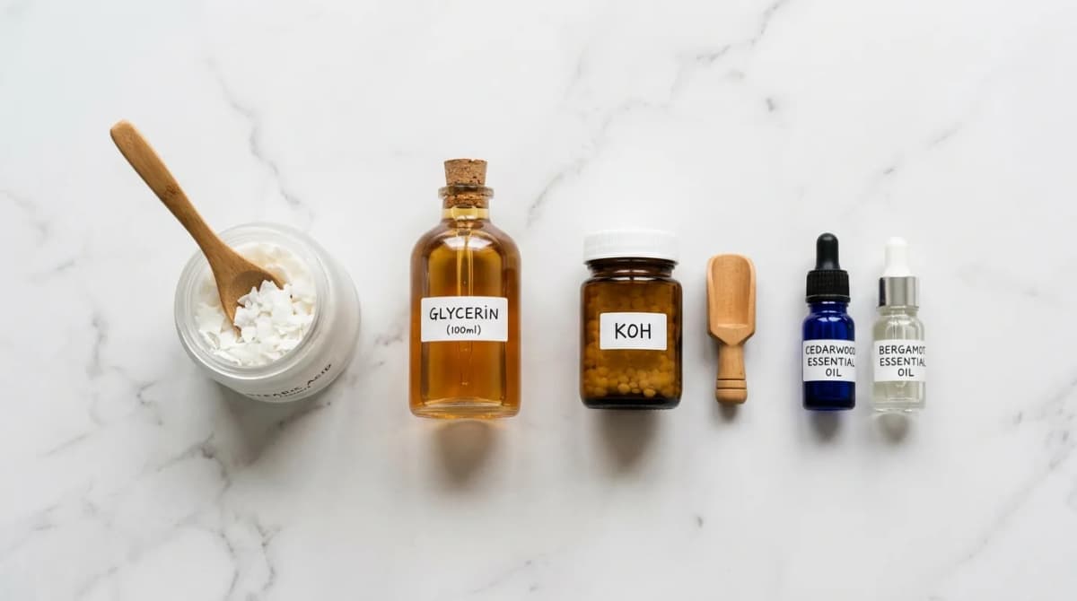 Flat lay bahan-bahan krim cukur - serpihan stearic acid, botol gliserin, wadah KOH, vial minyak esensial di atas permukaan marmer putih, estetika minimalis bersih
