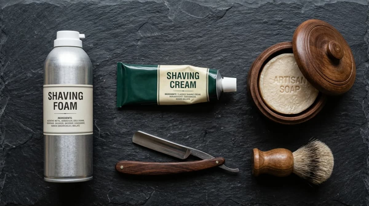 Flat lay perbandingan tiga format krim cukur - kaleng aerosol, tube krim, puck sabun artisan - di atas latar batu tulis gelap dengan pisau cukur lurus dan kuas cukur