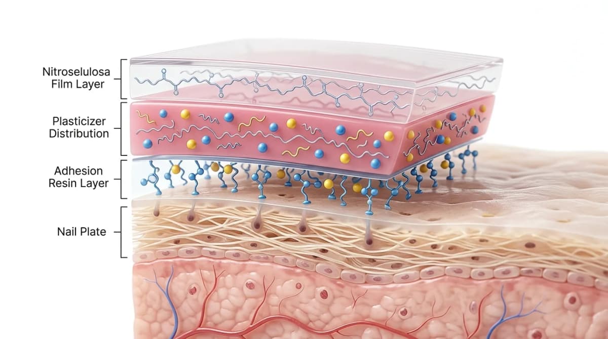 Diagram ilmiah close-up penampang lapisan film cat kuku pada lempeng kuku, menunjukkan lapisan resin adhesi, film nitroselulosa, dan distribusi plasticizer, ilustrasi teknis bersih dengan estetika editorial kecantikan yang elegan, latar belakang putih