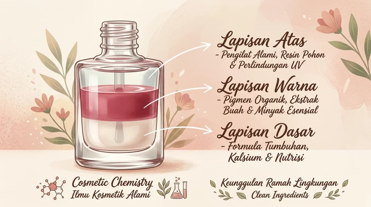Penampang botol cat kuku yang menunjukkan lapisan base coat, color coat, dan top coat dengan label bahan dalam tipografi elegan, gaya ilustrasi editorial kecantikan, pencahayaan lembut