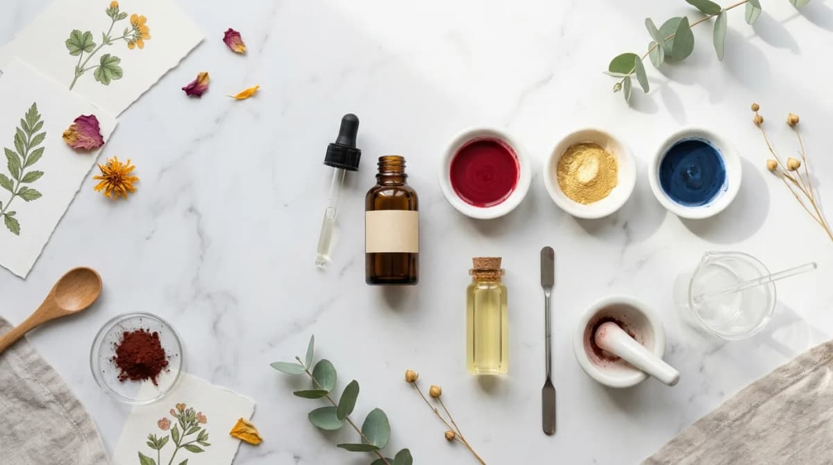 Flat lay bahan-bahan formulasi cat kuku — botol amber berisi larutan nitroselulosa, wadah kecil berisi dispersi pigmen, vial kaca berisi plasticizer, di atas permukaan laboratorium marmer putih bersih, estetika editorial kecantikan dengan bayangan lembut