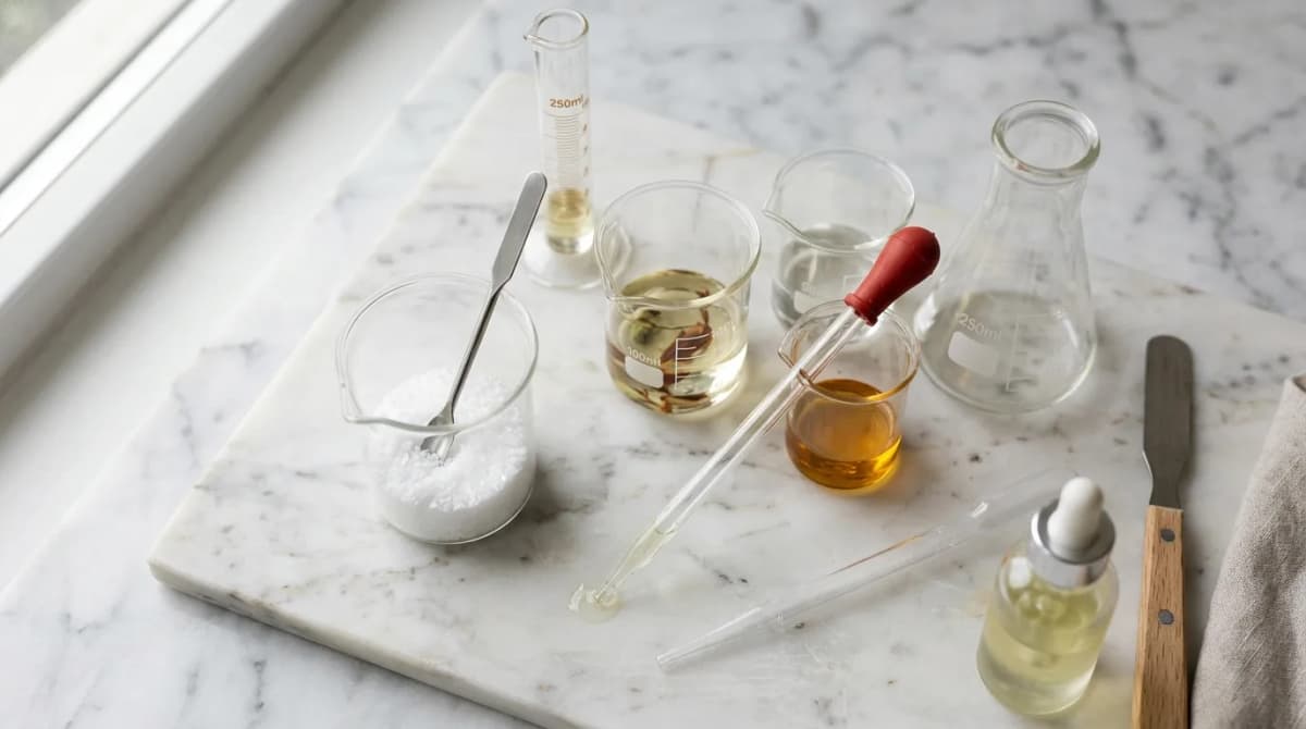 Foto flat lay gelas kimia laboratorium dan pipet dengan bubuk kristal putih (niacinamide) di atas permukaan marmer, gaya fotografi editorial kecantikan, cahaya alami yang menyebar lembut, komposisi minimalis