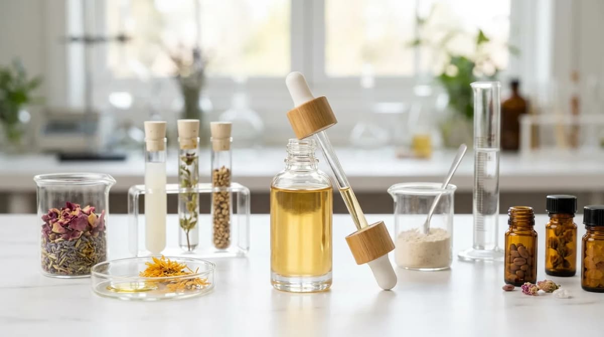 Botol serum skincare elegan dengan pipet di atas latar belakang putih bersih, dikelilingi alat gelas laboratorium dan sampel bahan kecil, pencahayaan editorial hangat yang lembut, estetika kecantikan mewah