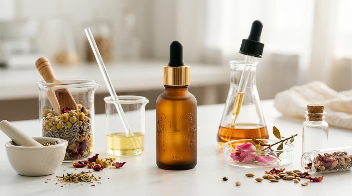 Botol serum skincare elegan dengan pipet di atas latar belakang putih bersih, dikelilingi peralatan gelas ilmiah dan sampel bahan kecil, pencahayaan editorial hangat yang lembut, estetika kecantikan mewah