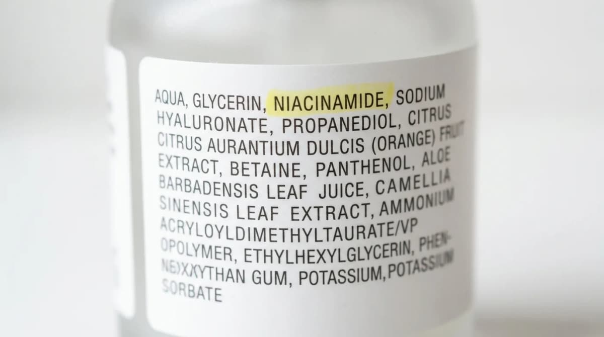 Close-up daftar bahan INCI produk skincare dengan teks niacinamide yang disorot, fotografi makro realistis, latar belakang putih bersih, fokus tajam pada teks