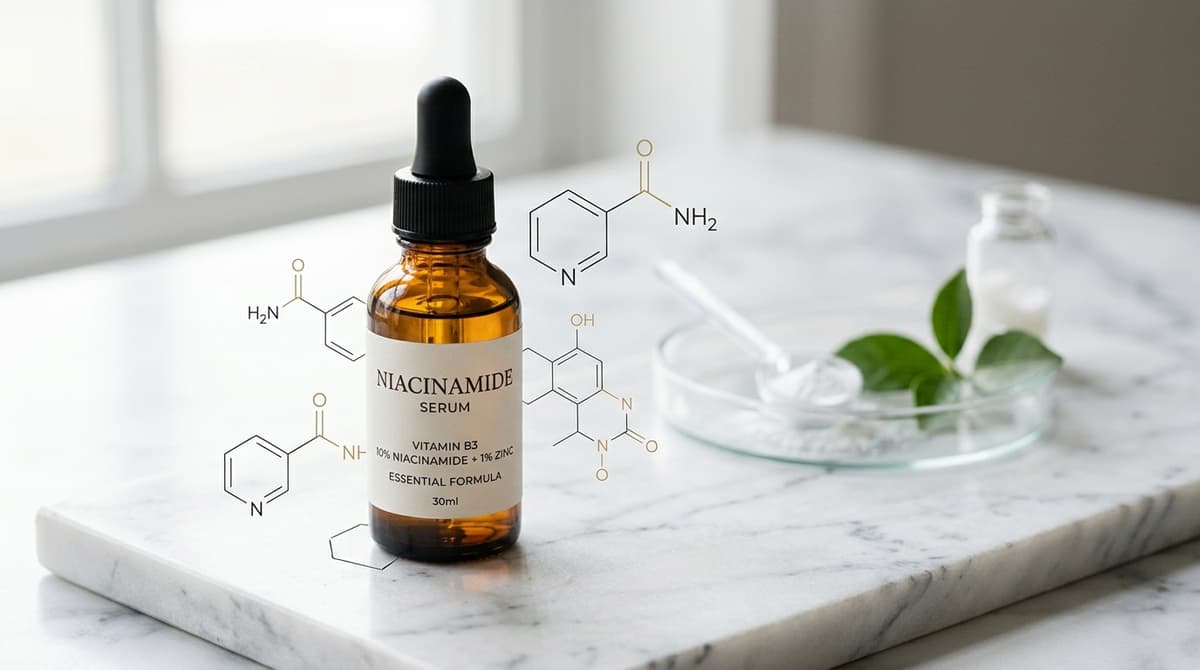 Close-up botol serum kaca minimalis berlabel niacinamide, dikelilingi diagram struktur molekul di atas permukaan marmer putih, pencahayaan alami yang lembut, gaya fotografi kecantikan editorial, estetika ala Vogue