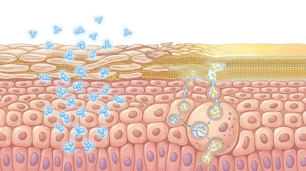 Ilustrasi penampang ilmiah lapisan epidermis kulit yang menunjukkan proses pemulihan sawar ceramide, molekul niacinamide disorot dengan warna biru lembut, gaya infografis bersih dengan latar belakang putih