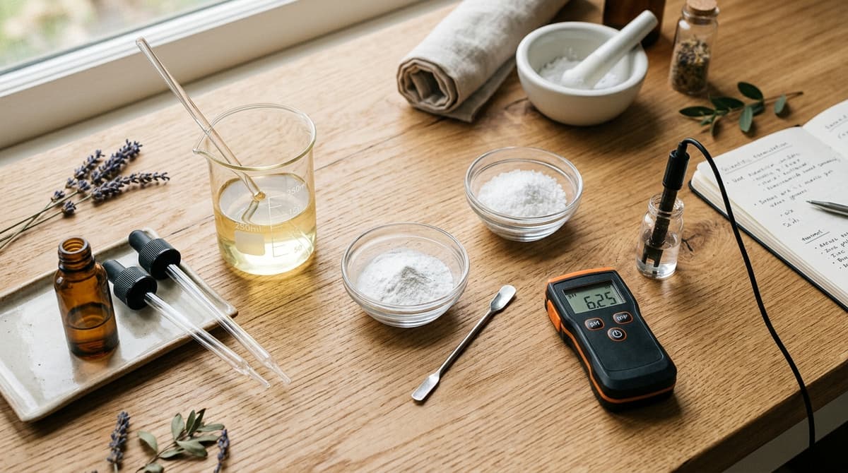 Flat lay bahan-bahan laboratorium formulasi kosmetik: bubuk niacinamide putih dalam mangkuk kaca kecil, zinc PCA, pipet presisi, gelas beaker, dan pH meter di atas meja laboratorium yang bersih, estetika ilmiah dengan nuansa warna hangat