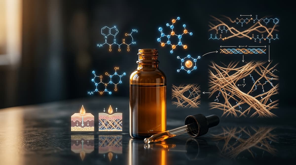 Konsep skincare anti-aging: botol pipet amber elegan berisi serum di atas permukaan reflektif, dikelilingi gambar mikroskopi serat kolagen abstrak dan diagram molekul, gaya editorial yang sophisticated dengan latar belakang gelap