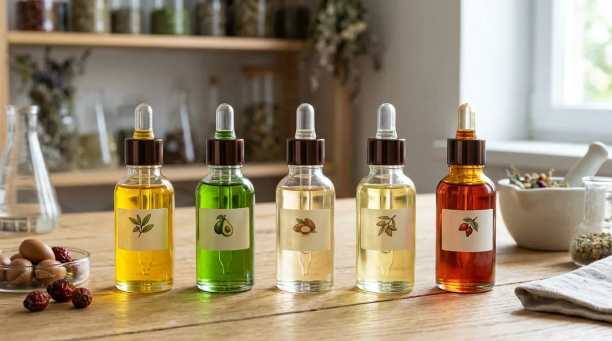 Berbagai minyak nabati dalam botol kaca — perbandingan tekstur dan warna