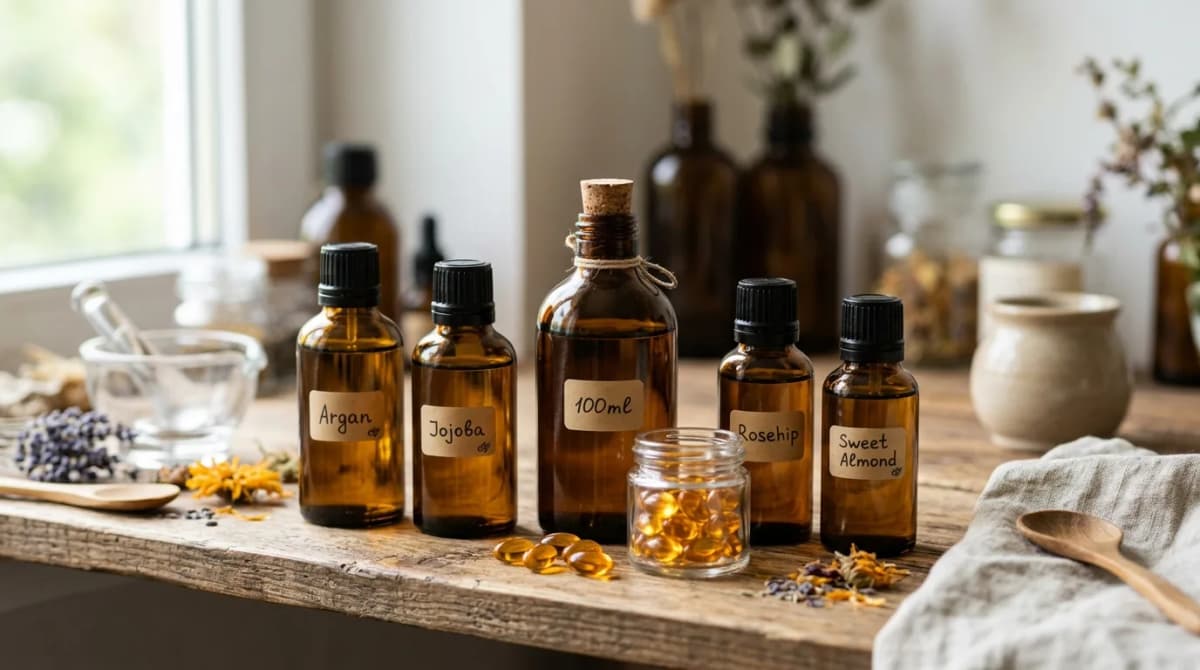 Botol minyak kaca gelap, kapsul vitamin E, penyimpanan yang benar