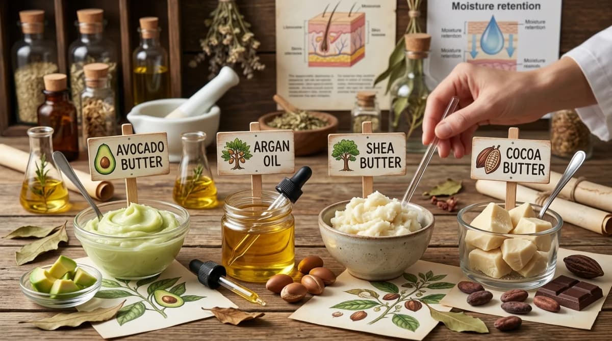 Minyak dan butter jenuh untuk kulit kering: avocado, argan, shea, cocoa