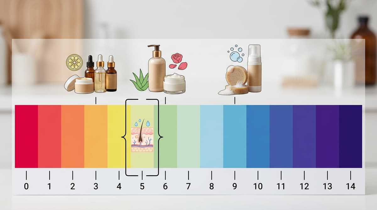 Skala pH dari 0 hingga 14 dengan gradasi warna dari merah ke biru dan contoh produk kosmetik