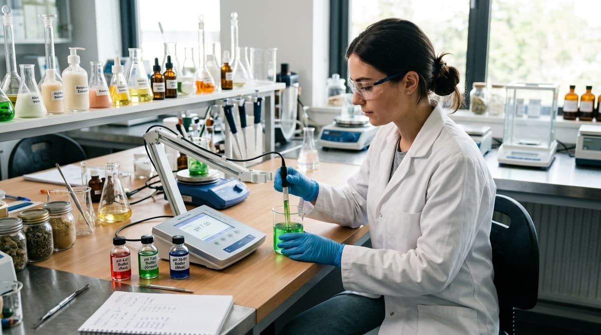 Mengkalibrasi pH meter digital dengan larutan buffer di laboratorium
