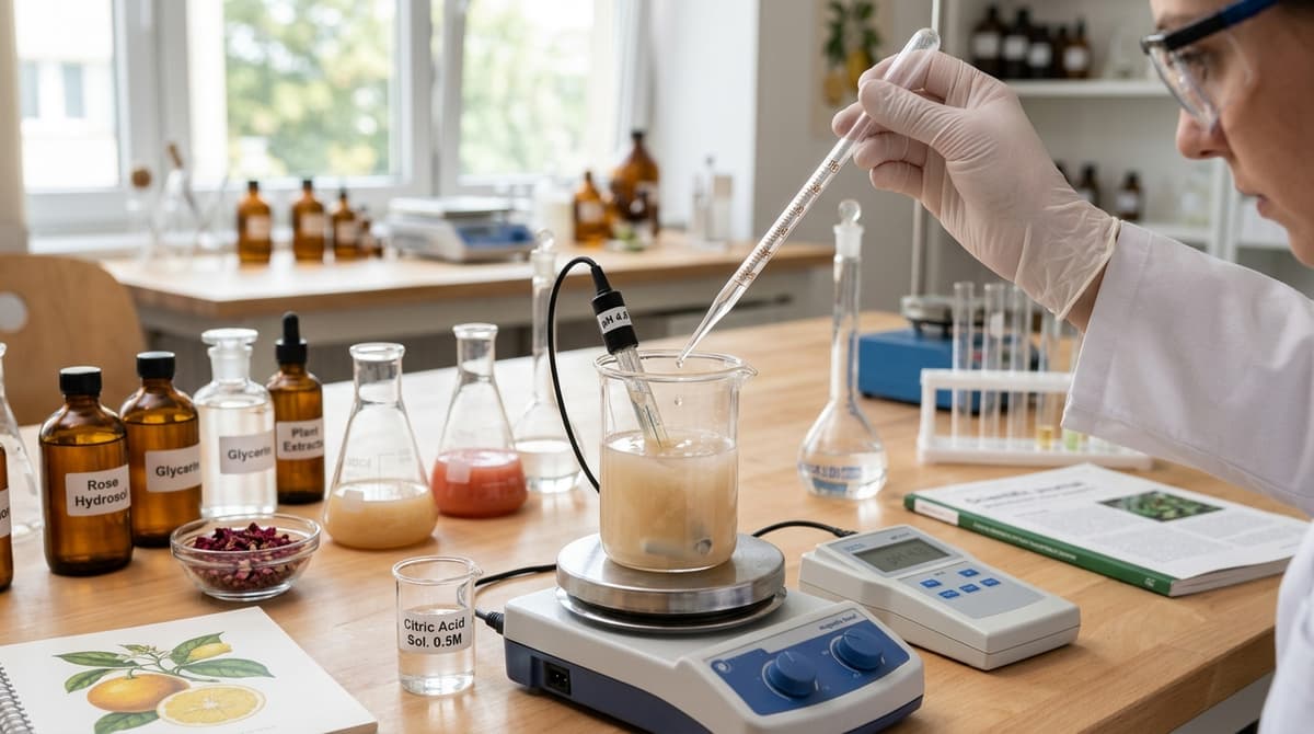 Proses penyesuaian pH: pipet berisi larutan asam sitrat dan peralatan gelas laboratorium