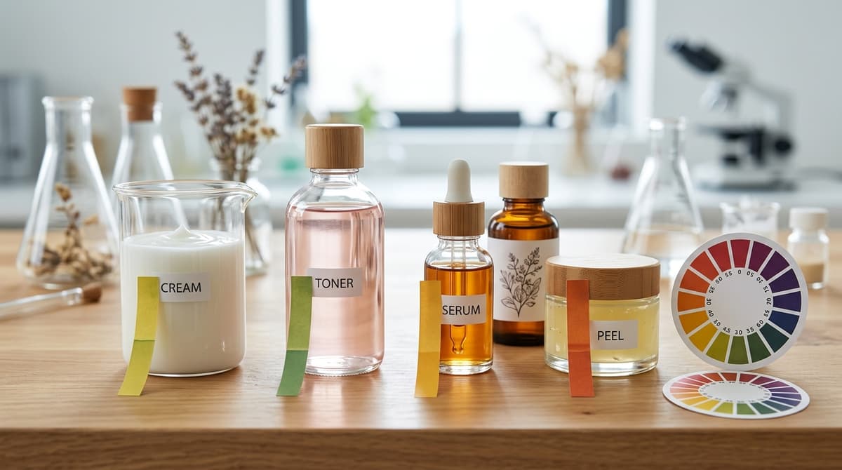 Berbagai produk kosmetik dengan indikator pH: krim, toner, serum, peeling