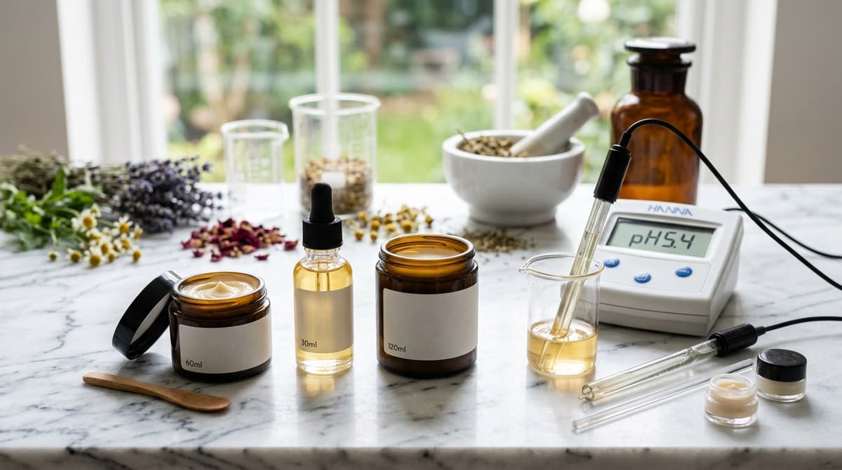 Produk kosmetik jadi dengan pH yang tepat di atas permukaan marmer
