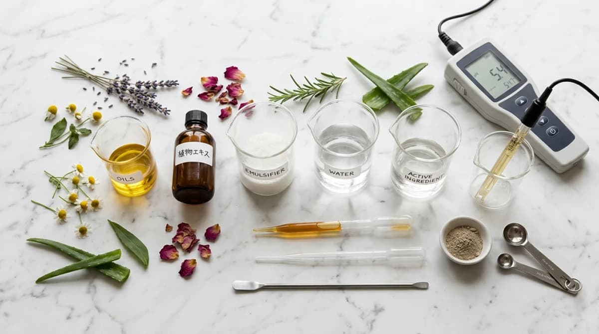 Flat lay bahan formulasi kosmetik — gelas kimia berisi minyak, emulsifier, ekstrak botani, pH meter dan pipet di atas permukaan marmer putih, cahaya alami lembut, gaya editorial kecantikan, resolusi tinggi