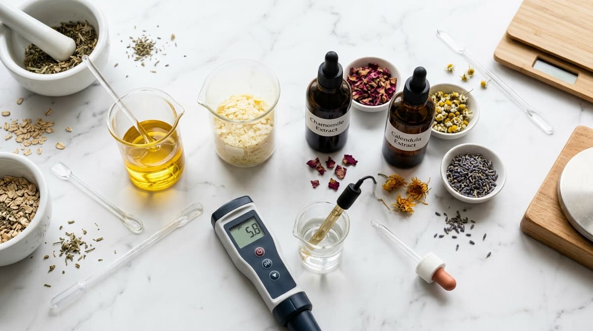 Flat lay bahan-bahan formulasi kosmetik — gelas beaker berisi minyak, pengemulsi, ekstrak botani, pH meter dan pipet di atas permukaan marmer putih, pencahayaan alami lembut, gaya editorial kecantikan, resolusi tinggi