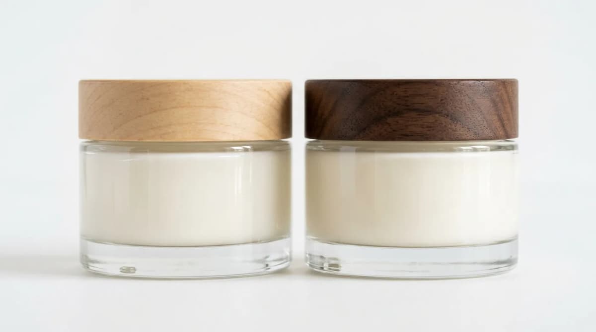 Dua emulsi kosmetik berdampingan — krim siang O/W yang ringan dan krim malam W/O yang kaya dalam wadah kaca minimalis, fotografi makro, latar putih, gaya editorial kecantikan