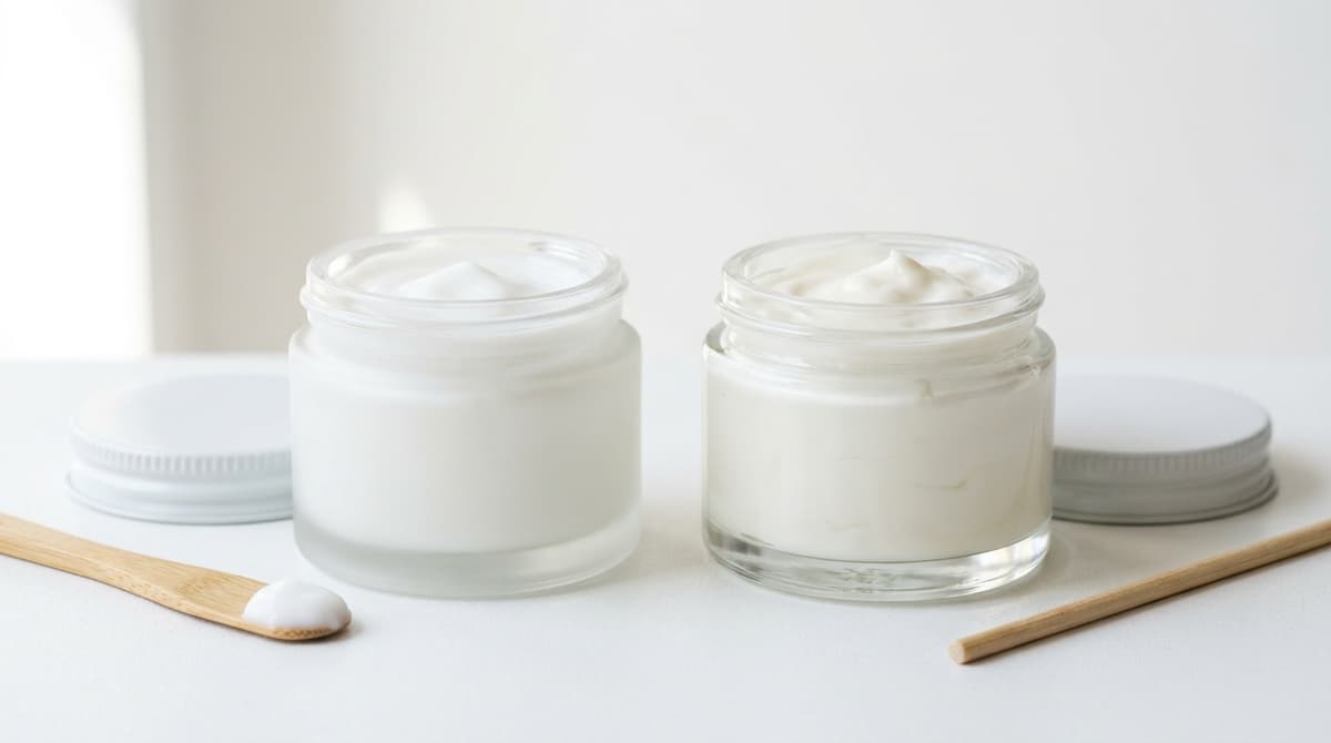 Dua emulsi kosmetik berdampingan — krim siang O/W yang ringan dan krim malam W/O yang kaya dalam toples kaca minimalis, fotografi makro, latar belakang putih, gaya editorial kecantikan