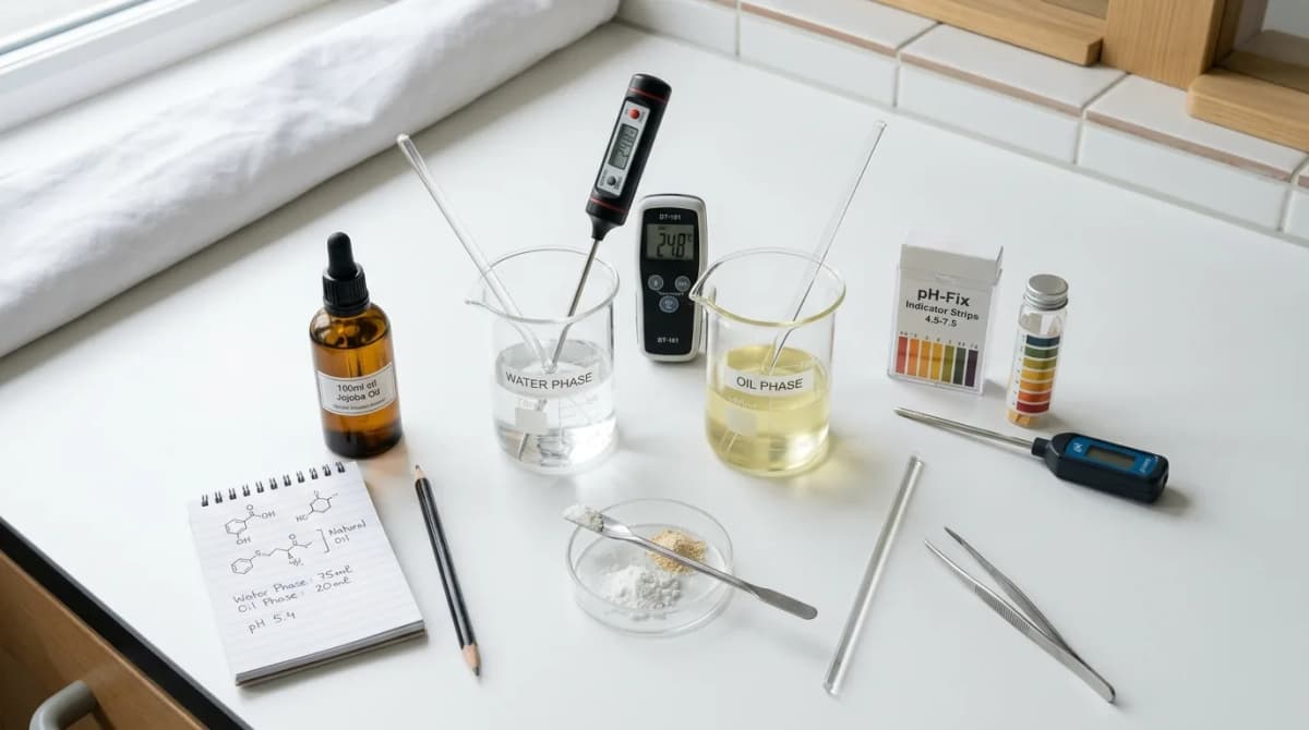 Proses formulasi kosmetik langkah demi langkah — gelas kimia dengan fase air dan minyak terpisah, termometer digital, strip pH meter di atas meja laboratorium bersih, tampak dari atas, estetika ilmiah bersih