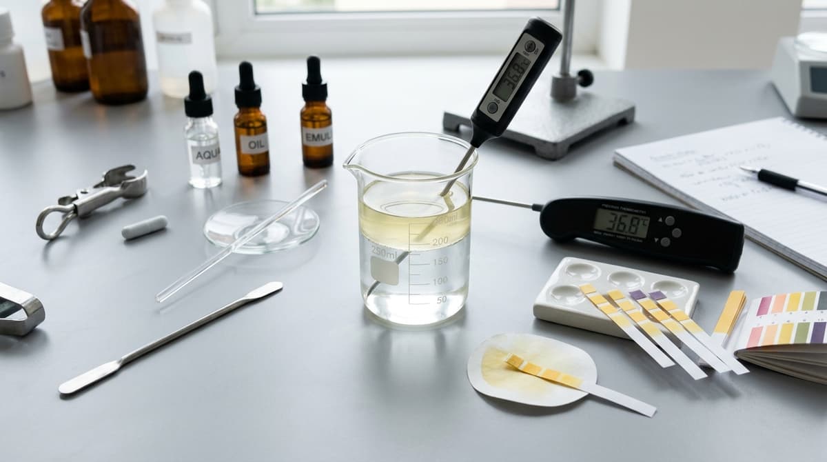 Proses formulasi kosmetik langkah demi langkah — gelas beaker berisi fase air dan minyak terpisah, termometer digital, kertas strip pH meter di atas meja laboratorium bersih, tampak dari atas, estetika ilmiah yang bersih