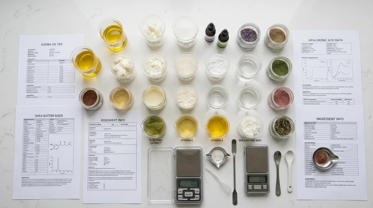 Tata letak flat lay bahan baku kosmetik dalam toples kaca kecil dan gelas beaker di atas permukaan laboratorium putih, dengan label bahan dan lembar TDS, pencahayaan alami lembut, estetika bersih, tampak dari atas