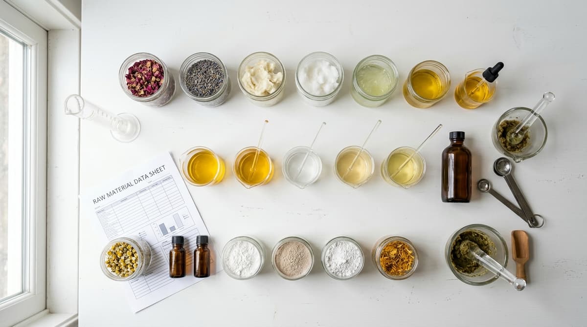 Foto flat lay bahan baku kosmetik dalam toples dan gelas kimia kecil di atas permukaan laboratorium putih, dengan label bahan dan lembar TDS, pencahayaan alami lembut, estetika bersih, tampak atas