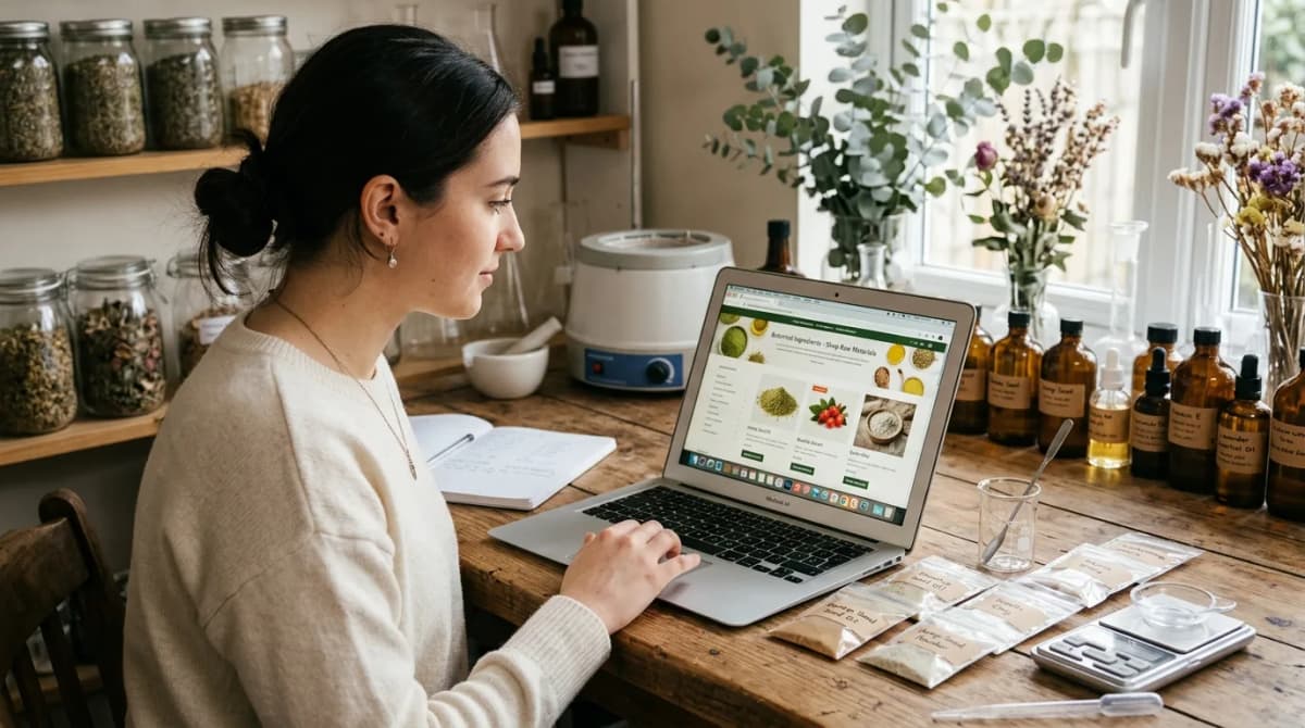 Seseorang menjelajahi situs pemasok bahan kosmetik di laptop, dengan kantong sampel kecil berlabel bahan baku di dekatnya, atmosfer laboratorium rumahan yang hangat, kedalaman bidang dangkal