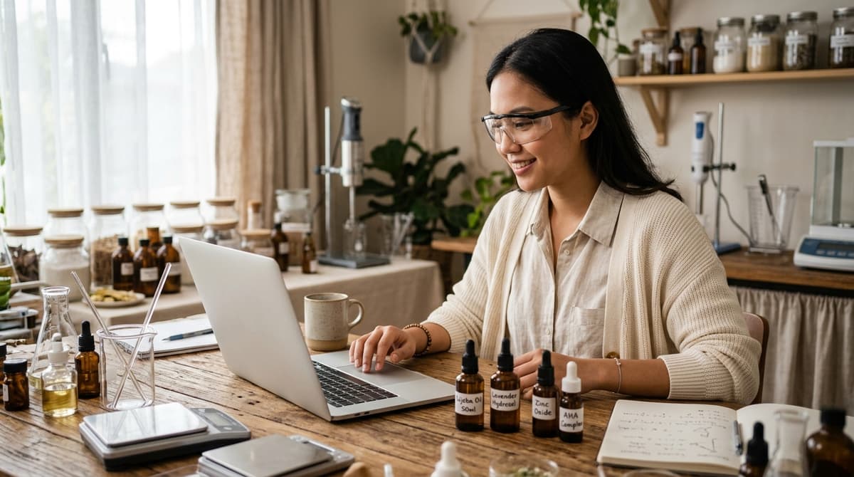 Seseorang menjelajahi situs pemasok bahan kosmetik di laptop, dengan kemasan sampel kecil berlabel bahan baku di dekatnya, suasana laboratorium rumahan yang hangat, depth of field dangkal