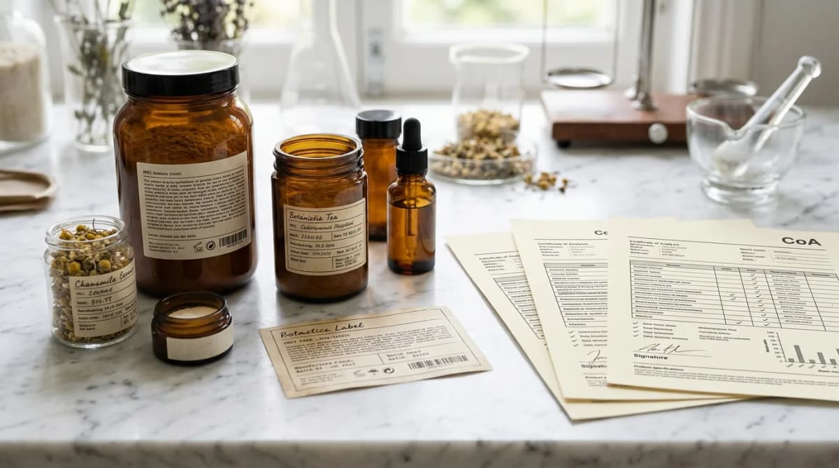 Tampilan close-up label bahan kosmetik yang menunjukkan nama INCI, nomor batch, dan dokumen sertifikat analisis yang disusun di atas permukaan marmer, gaya fotografi editorial