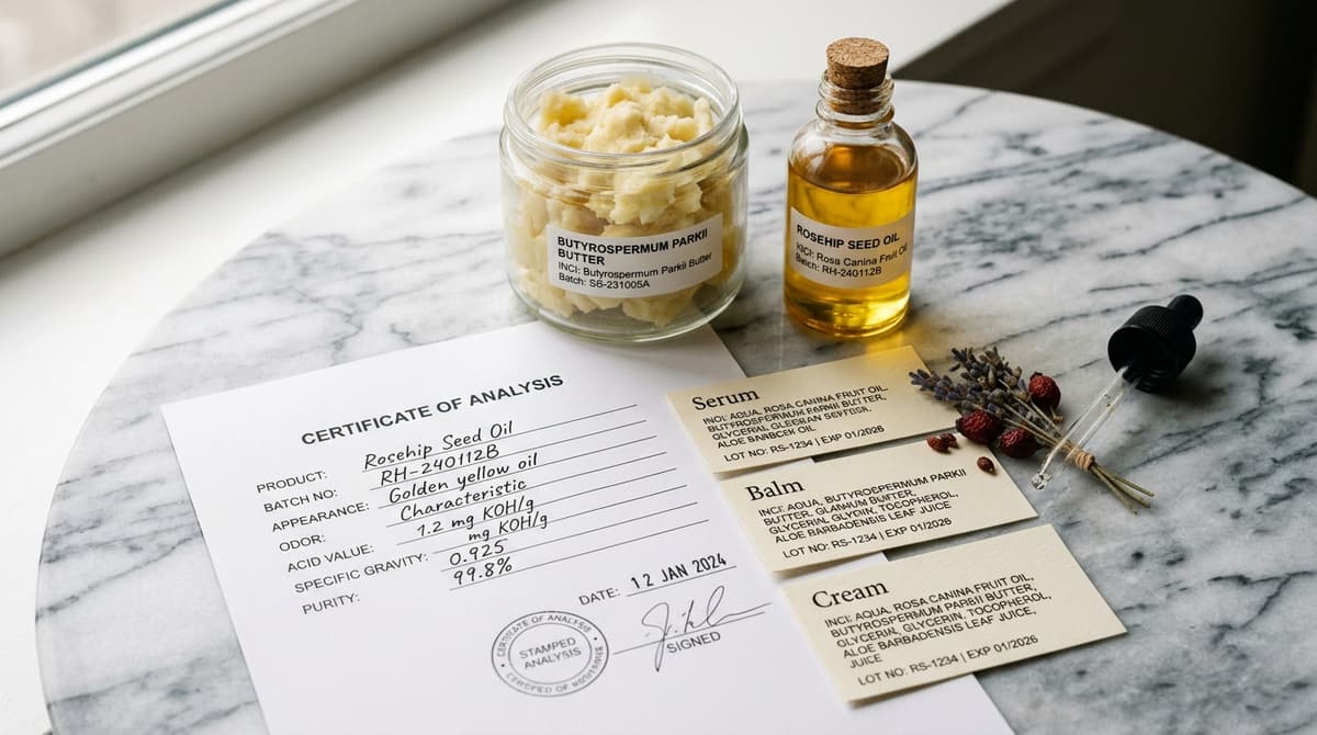 Close-up label bahan kosmetik yang menampilkan nama INCI, nomor batch, dan dokumen certificate of analysis yang disusun di atas permukaan marmer, gaya fotografi editorial