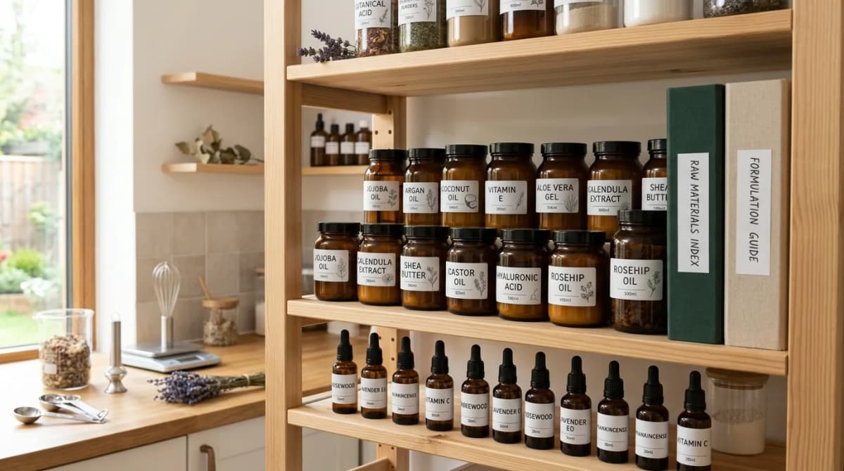 Rak penyimpanan bahan baku kosmetik yang tertata rapi dengan toples kaca amber berlabel, botol dropper, dan binder bahan dalam pengaturan laboratorium rumahan minimalis yang bersih, cahaya alami lembut