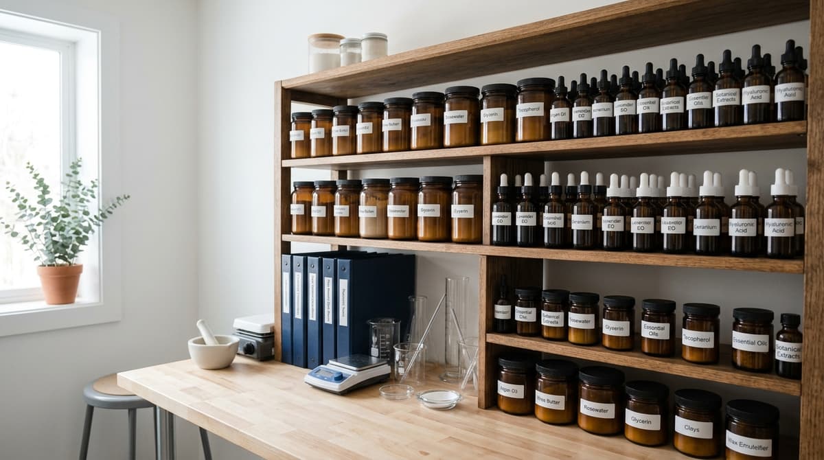 Rak penyimpanan bahan baku kosmetik yang tertata rapi dengan toples kaca amber berlabel, botol pipet, dan binder bahan dalam setup laboratorium rumahan minimalis yang bersih, cahaya siang lembut
